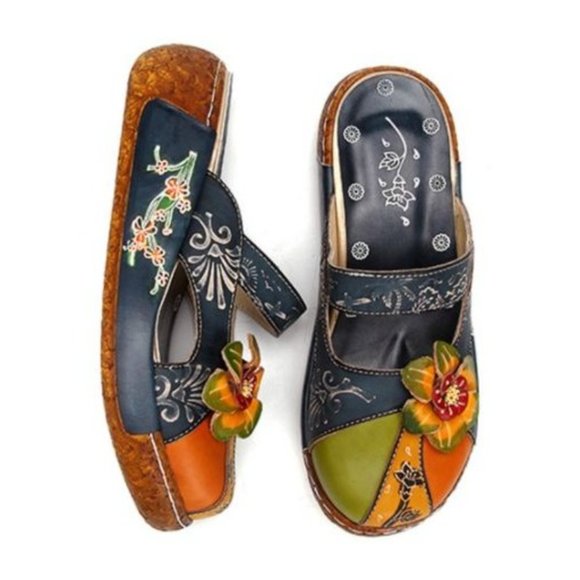 Women's Blue/Multi Flower Slip-On Leather Cut-Out Backless Platform Sandal Sz 41 - Picture 3 of 16